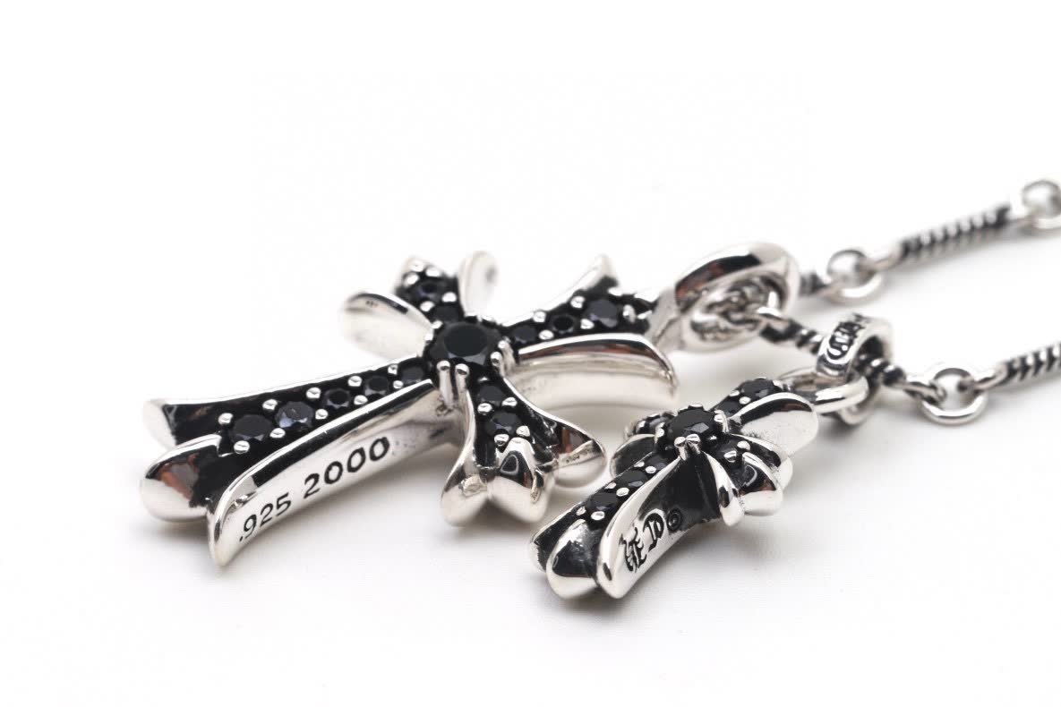 Chrome Hearts Silver Cross Pendant with Black Stones